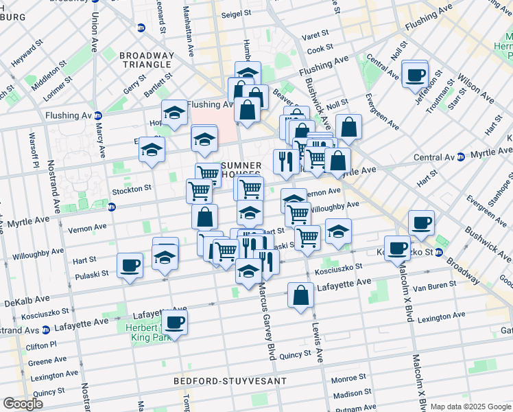map of restaurants, bars, coffee shops, grocery stores, and more near 734 Willoughby Avenue in Brooklyn