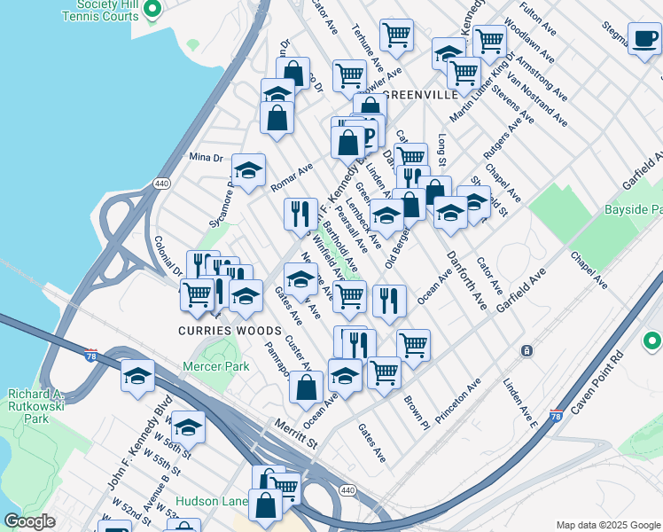 map of restaurants, bars, coffee shops, grocery stores, and more near 190 Neptune Avenue in Jersey City