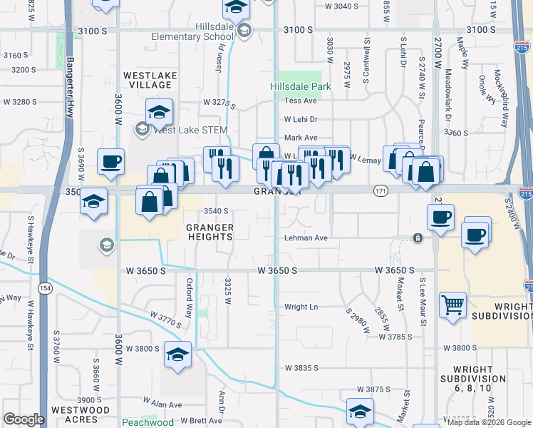 map of restaurants, bars, coffee shops, grocery stores, and more near 3583 3200 West in West Valley City