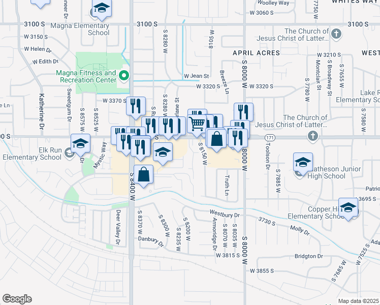 map of restaurants, bars, coffee shops, grocery stores, and more near 3570 Kingsburg Cove in Magna