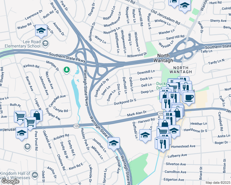 map of restaurants, bars, coffee shops, grocery stores, and more near 23 Dome Lane in Wantagh