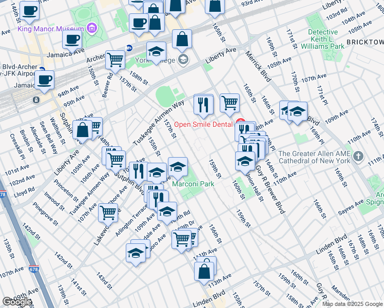 map of restaurants, bars, coffee shops, grocery stores, and more near 107-55 157th Street in Queens