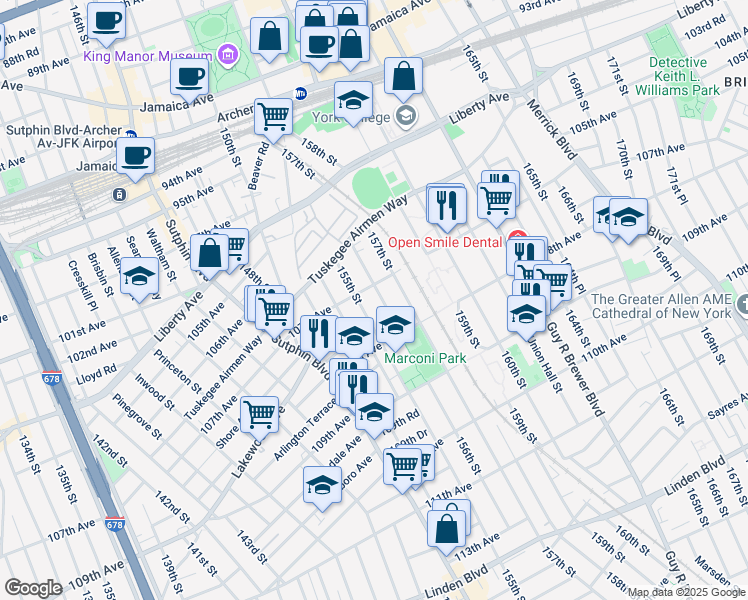 map of restaurants, bars, coffee shops, grocery stores, and more near 10734 156th Street in Queens