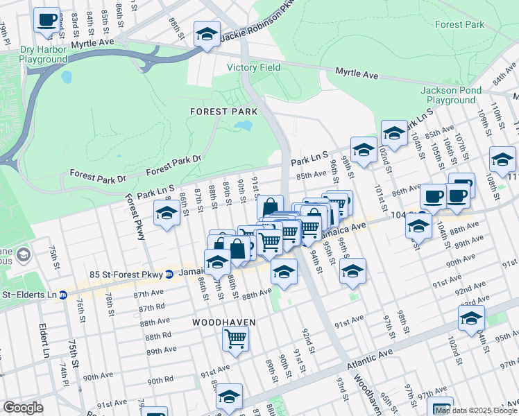map of restaurants, bars, coffee shops, grocery stores, and more near 86-09 91st Street in Queens