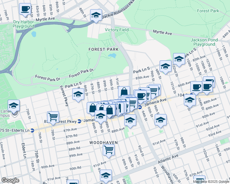 map of restaurants, bars, coffee shops, grocery stores, and more near 85-28 90th Street in Queens