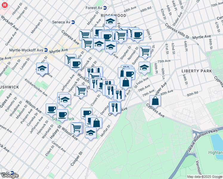 map of restaurants, bars, coffee shops, grocery stores, and more near 16-14 Summerfield Street in Queens