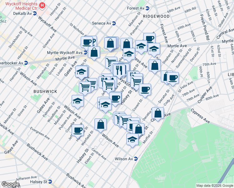map of restaurants, bars, coffee shops, grocery stores, and more near in Brooklyn