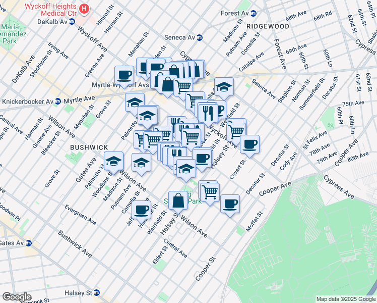 map of restaurants, bars, coffee shops, grocery stores, and more near 490 Irving Avenue in Brooklyn