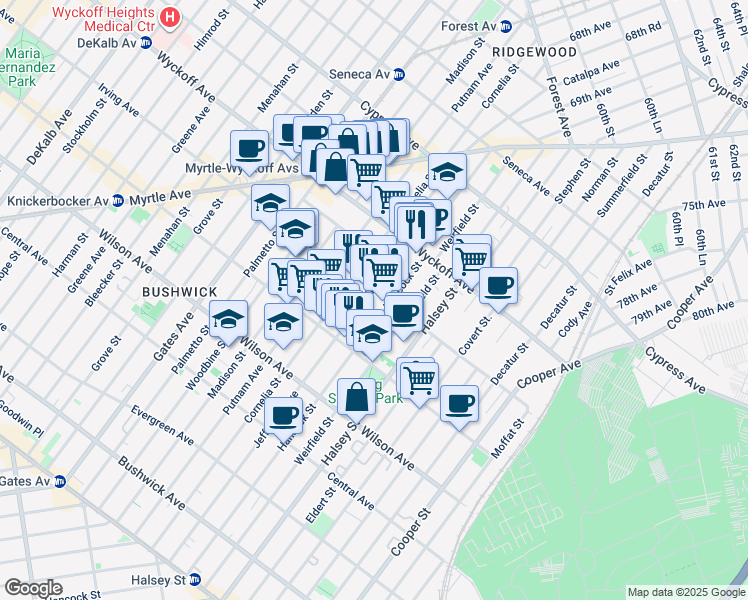 map of restaurants, bars, coffee shops, grocery stores, and more near 490 Irving Avenue in Brooklyn