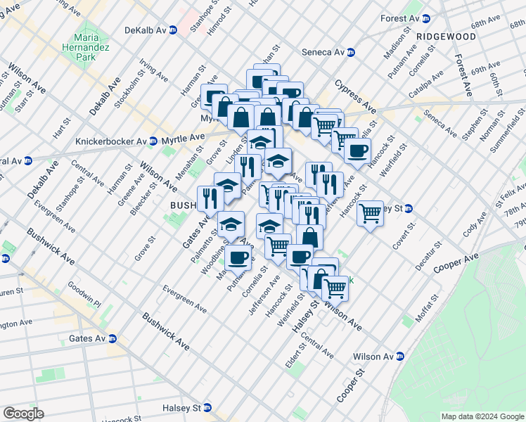 map of restaurants, bars, coffee shops, grocery stores, and more near 1385 Putnam Avenue in Brooklyn