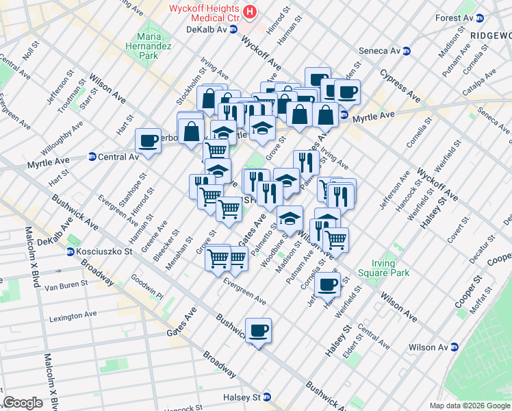 map of restaurants, bars, coffee shops, grocery stores, and more near 1329 Gates Avenue in Brooklyn