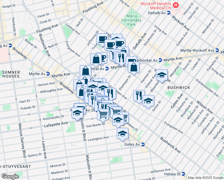 map of restaurants, bars, coffee shops, grocery stores, and more near 28 Stanhope Street in Brooklyn