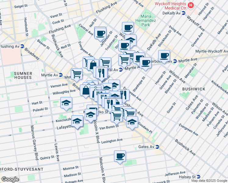 map of restaurants, bars, coffee shops, grocery stores, and more near 1171 Dekalb Avenue in Brooklyn