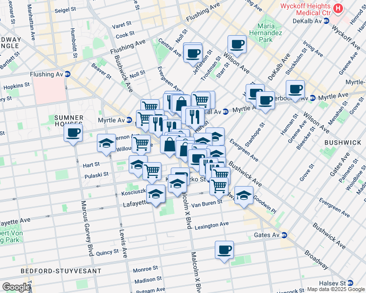 map of restaurants, bars, coffee shops, grocery stores, and more near 16 Lawton Street in Brooklyn