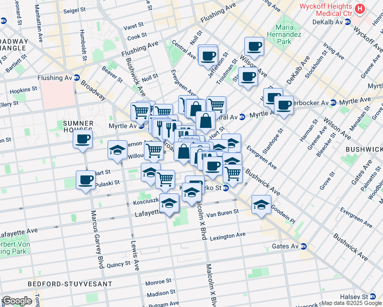 map of restaurants, bars, coffee shops, grocery stores, and more near 1050 Broadway in Brooklyn
