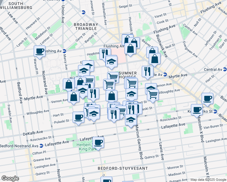 map of restaurants, bars, coffee shops, grocery stores, and more near 671 Willoughby Avenue in Brooklyn
