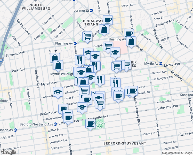 map of restaurants, bars, coffee shops, grocery stores, and more near 130 Vernon Avenue in Brooklyn