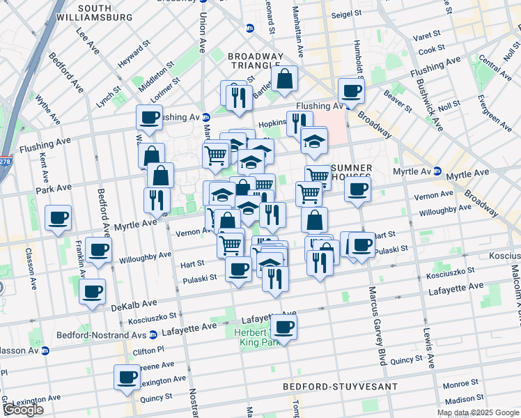 map of restaurants, bars, coffee shops, grocery stores, and more near 130 Vernon Avenue in Brooklyn