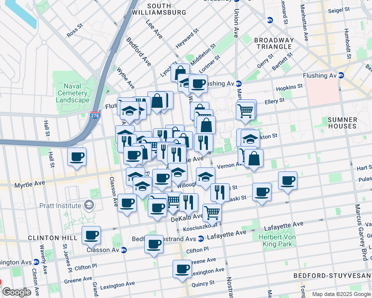 map of restaurants, bars, coffee shops, grocery stores, and more near 711B Myrtle Avenue in Brooklyn