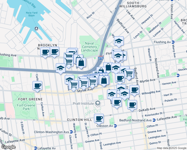 map of restaurants, bars, coffee shops, grocery stores, and more near 84 Steuben Street in Brooklyn