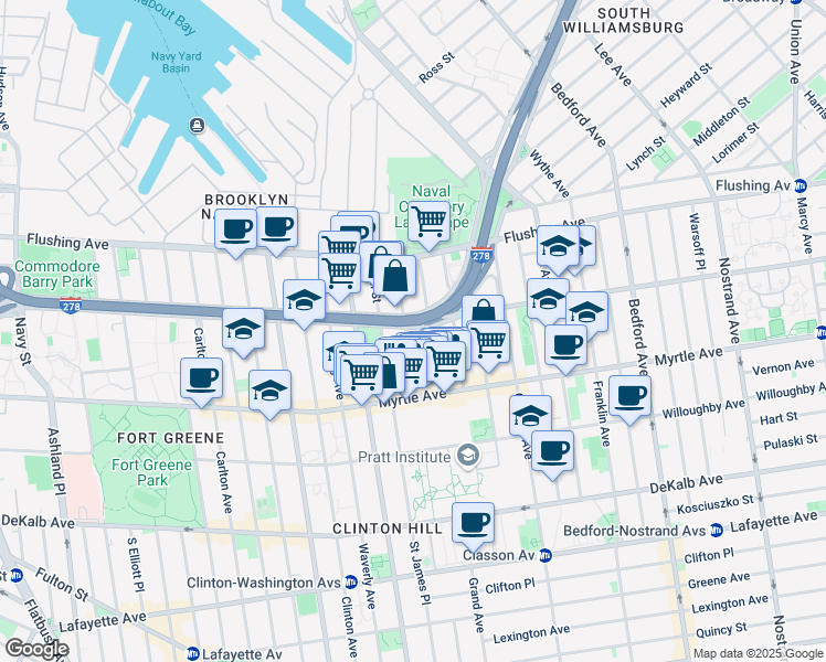 map of restaurants, bars, coffee shops, grocery stores, and more near 90 Ryerson Street in Brooklyn