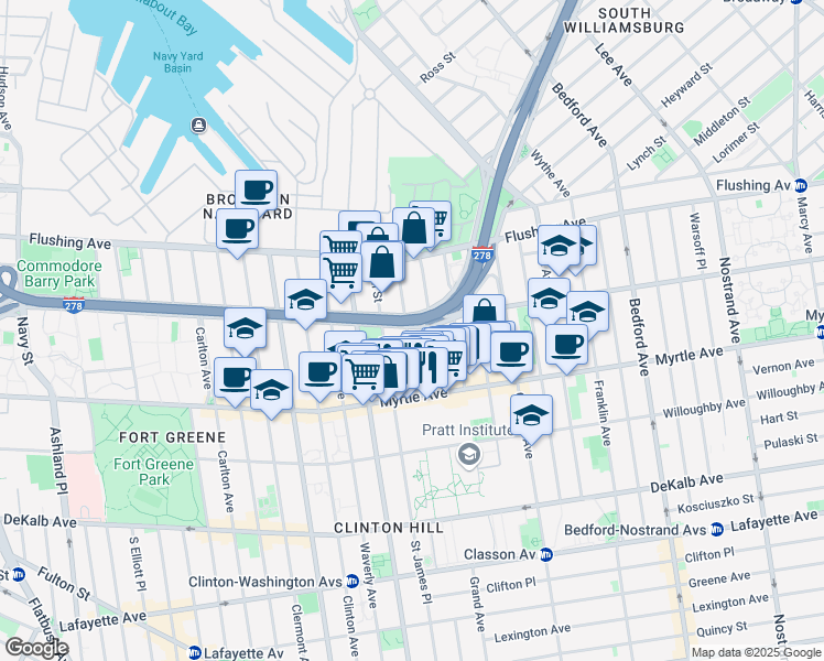 map of restaurants, bars, coffee shops, grocery stores, and more near 90 Ryerson Street in Brooklyn