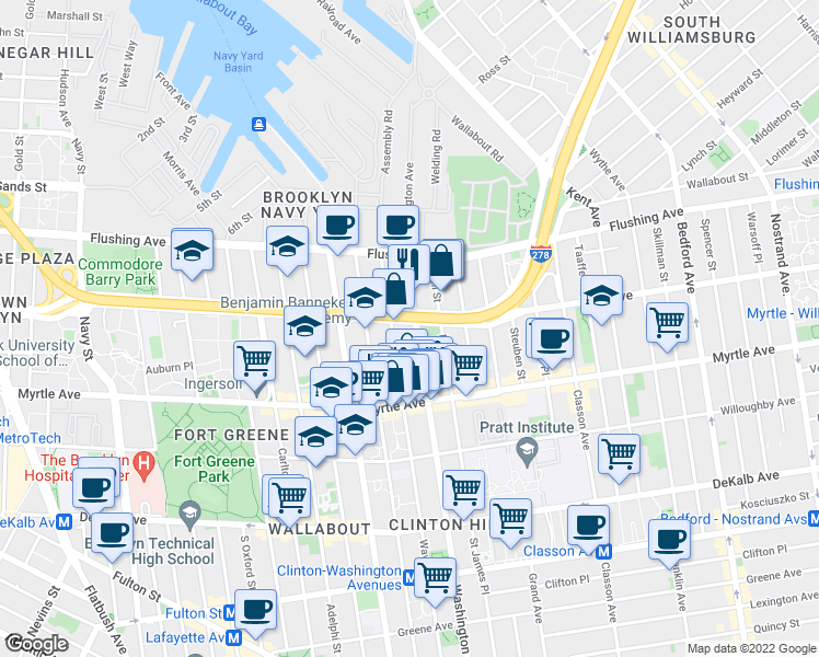 map of restaurants, bars, coffee shops, grocery stores, and more near 89 Waverly Avenue in Brooklyn