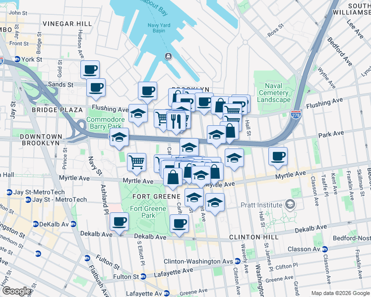 map of restaurants, bars, coffee shops, grocery stores, and more near 94 Adelphi Street in Brooklyn