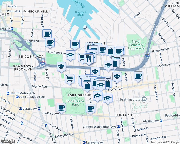 map of restaurants, bars, coffee shops, grocery stores, and more near 94 Adelphi Street in Brooklyn