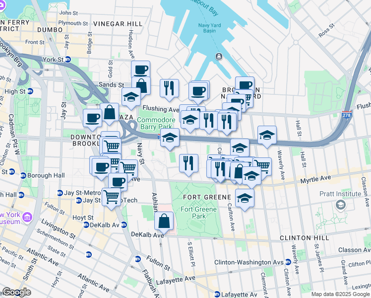 map of restaurants, bars, coffee shops, grocery stores, and more near 100 North Portland Avenue in Brooklyn