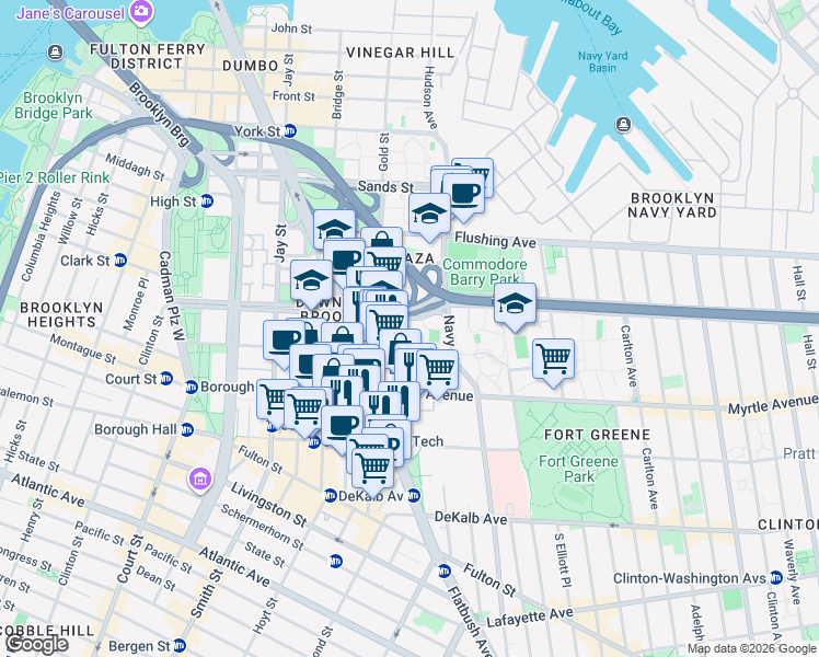 map of restaurants, bars, coffee shops, grocery stores, and more near 30 Fleet Walk in Brooklyn