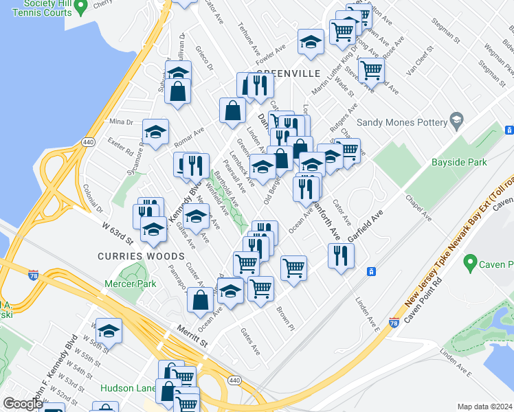 map of restaurants, bars, coffee shops, grocery stores, and more near 148 Pearsall Avenue in Jersey City