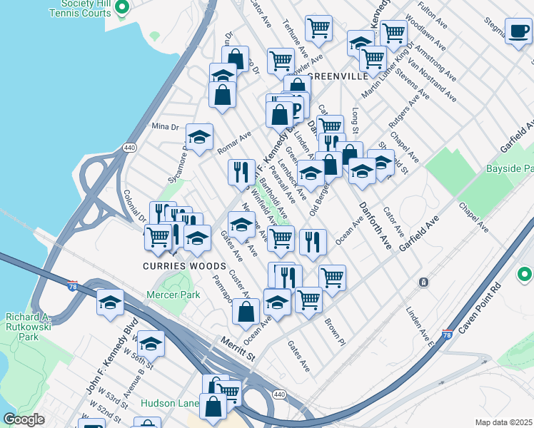 map of restaurants, bars, coffee shops, grocery stores, and more near 190 Neptune Avenue in Jersey City