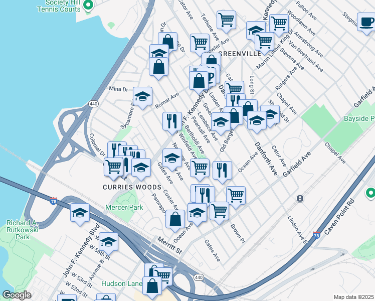 map of restaurants, bars, coffee shops, grocery stores, and more near 190 Neptune Avenue in Jersey City