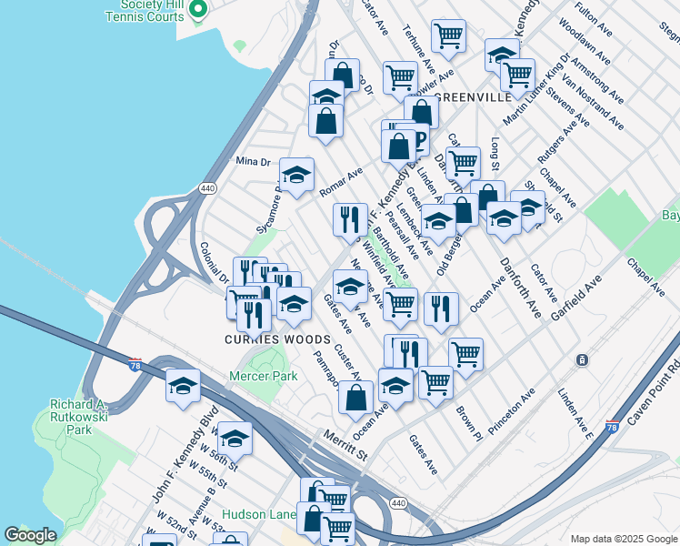 map of restaurants, bars, coffee shops, grocery stores, and more near 213 Seaview Avenue in Jersey City