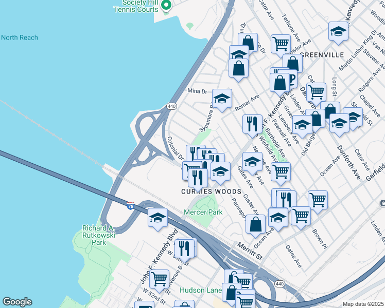 map of restaurants, bars, coffee shops, grocery stores, and more near 14 Sycamore Road in Bayonne