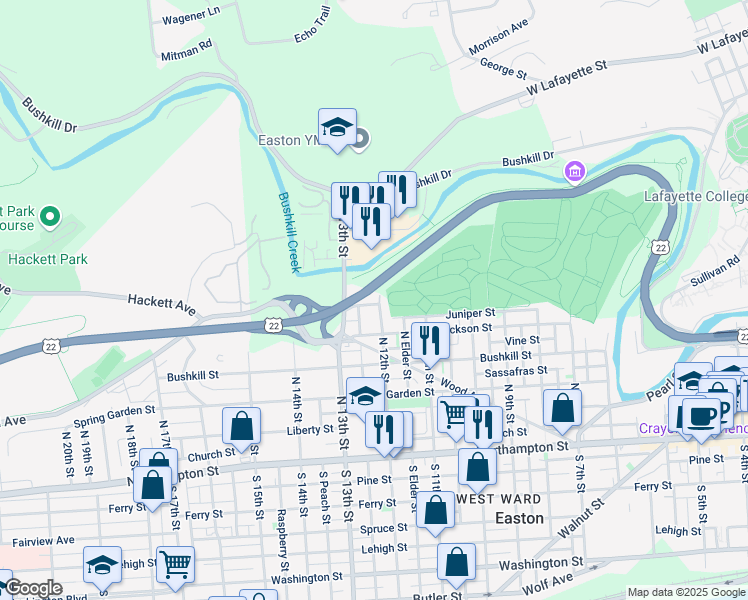map of restaurants, bars, coffee shops, grocery stores, and more near 1162 North 12th Street in Easton