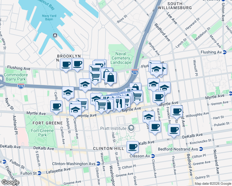 map of restaurants, bars, coffee shops, grocery stores, and more near 90 Ryerson Street in Brooklyn