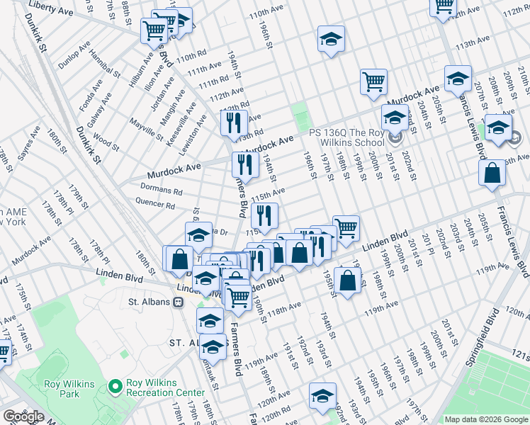 map of restaurants, bars, coffee shops, grocery stores, and more near 191-24 115th Road in Queens