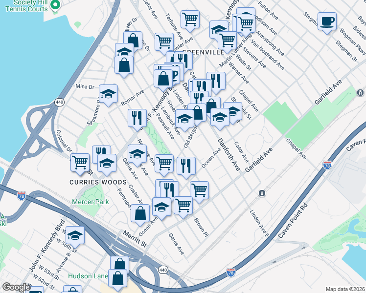 map of restaurants, bars, coffee shops, grocery stores, and more near 148 Pearsall Avenue in Jersey City