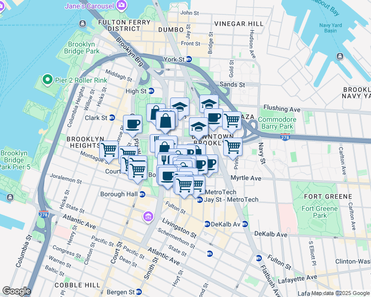 map of restaurants, bars, coffee shops, grocery stores, and more near 285 Jay Street in Brooklyn