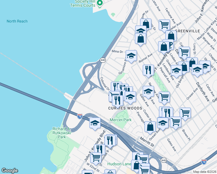 map of restaurants, bars, coffee shops, grocery stores, and more near 9 Colonial Drive in Bayonne