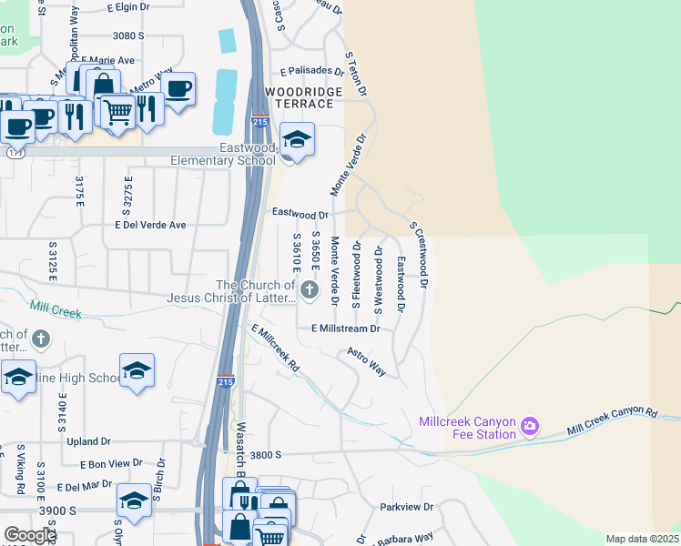 map of restaurants, bars, coffee shops, grocery stores, and more near 3491 Monte Verde Drive in Salt Lake City