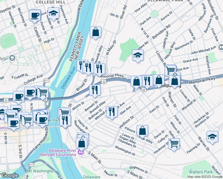 map of restaurants, bars, coffee shops, grocery stores, and more near 228 Shafer Avenue in Phillipsburg