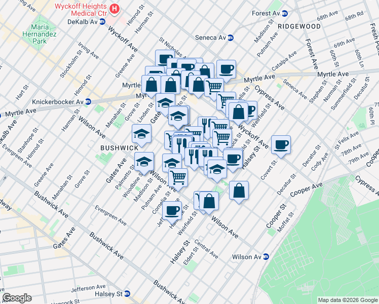 map of restaurants, bars, coffee shops, grocery stores, and more near 685 Knickerbocker Avenue in Brooklyn