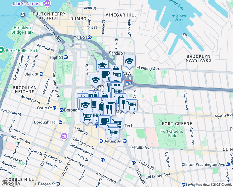map of restaurants, bars, coffee shops, grocery stores, and more near 301 Gold Street in Brooklyn