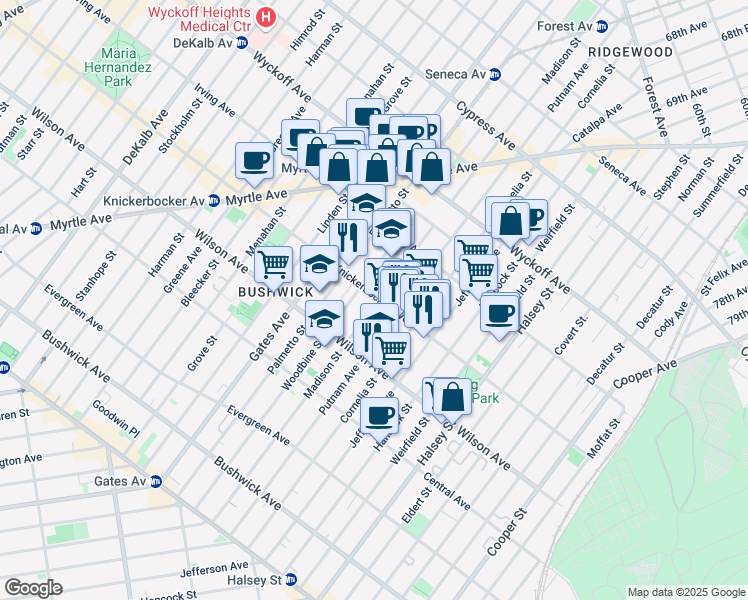 map of restaurants, bars, coffee shops, grocery stores, and more near 1385 Putnam Avenue in Brooklyn