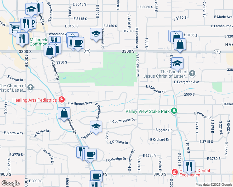 map of restaurants, bars, coffee shops, grocery stores, and more near 1773 East Millcreek Way in Salt Lake City