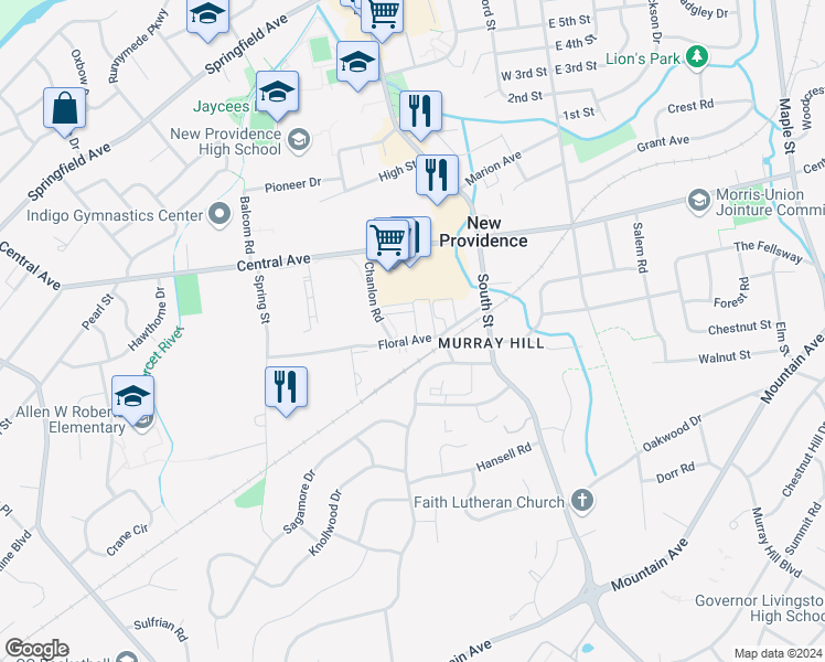 map of restaurants, bars, coffee shops, grocery stores, and more near 26 Murray Hill Square in New Providence