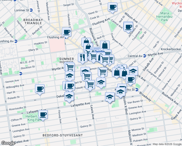 map of restaurants, bars, coffee shops, grocery stores, and more near 71 Lewis Avenue in Brooklyn